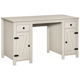 Farmhouse Computer Desk with Storage, Home Office Desk with 2 Drawers and 2 Cabinets, Cream White