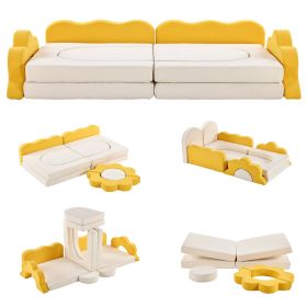 12-Piece Modular Kids Sofa Set All-Sponge Construction Yellow & White Colorblock Corduroy Free Combination Design