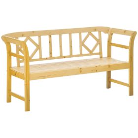 Wooden Patio Bench, Outdoor Garden Bench with Backrest and Armrests, 3 Person Porch Bench with Rustic Country Diamond Pattern, Natural