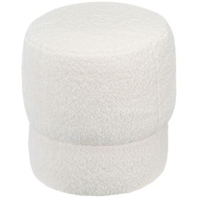 Round Ottoman, Upholstered Foot Stool, Teddy Fleece Fabric for Living Room, Entryway, White