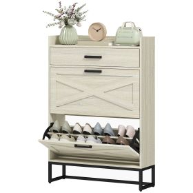 Slim Shoe Storage Cabinet, Shoes Cabinet Organizer with 2 Flip Drawers, Adjustable Shelves for 12 Pair, Distressed White