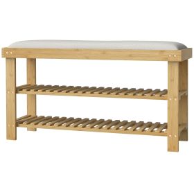 Bamboo Shoe Storage Bench, 3-Tier Entryway Bench with Cushion, Shoe Organizer for Entryway, Hallway, Cream White