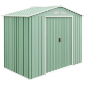 7' x 4' Outdoor Storage Shed, Garden Tool House w/ Foundation Kit Vents & Sliding Doors for Backyard Patio, Light Green