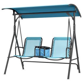2 Person Porch Swing with Canopy, Storage Table, Cup Holder, Blue