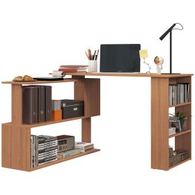360Â° Rotating Home Office Desk L Shaped Corner Computer Desk with Storage Shelves, Writing Table Workstation, Teak