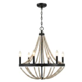 Starry Wood Chandelier Farmhouse Six Candle Light Wood Beaded Black Pendant Light