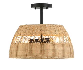 Twinkle 2-Light Rattan Semi-Flush Mount | Black Metal & Woven Farmhouse Ceiling Light
