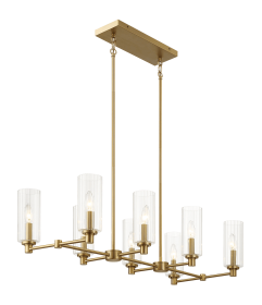 Willow Eight Lights Island With Clear Ribbed Glass Pendant Lamp - Satin Brass