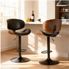A Set Of 2 Rotating Bar Stools With Adjustable Height, PU Leather Decorative Chairs, Backrests And Footstools, And Anti-slip Rubber Bases (Option: Black)